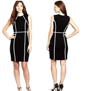 Calvin Klein Black Fitted Sleeveless Sheath Dress with Blue Piping Detail, Sz 8.